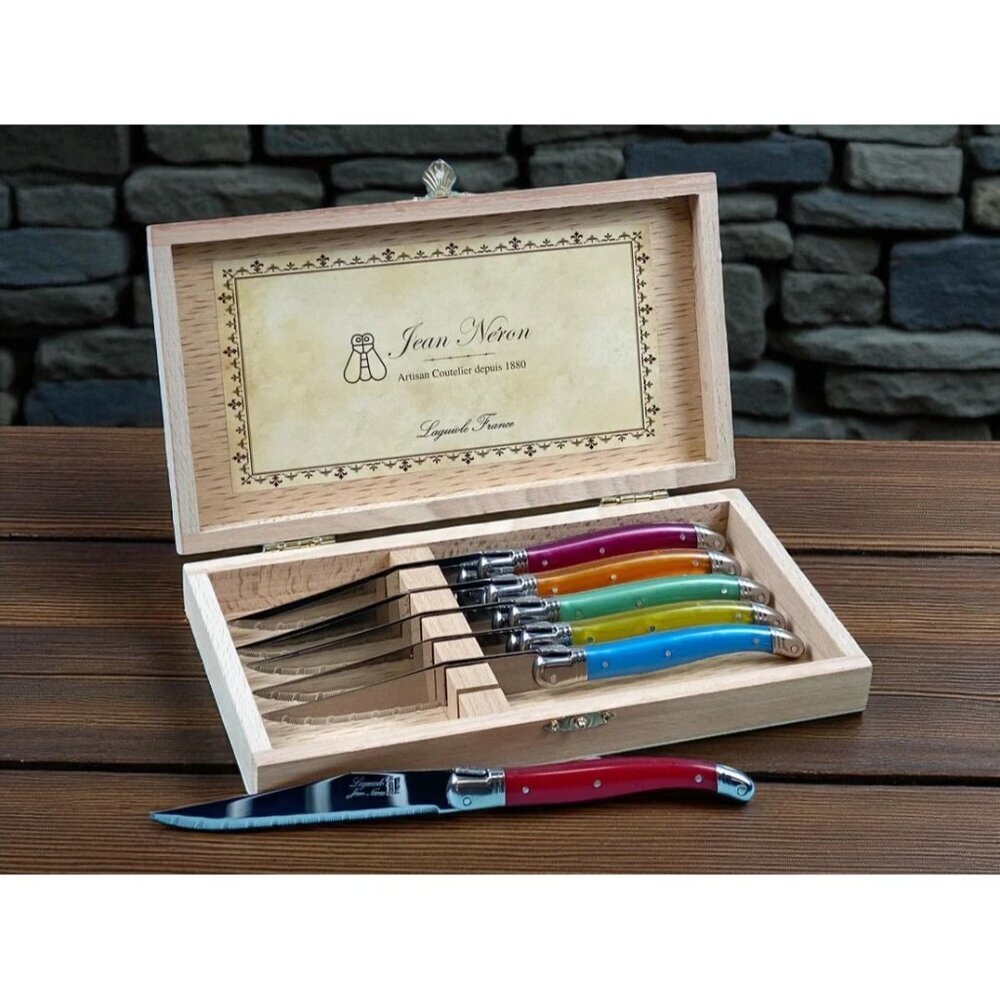 Laguiole Jean Néron 6 Piece Steak Knife Set, Rainbow Wood Presentation Box - NIB